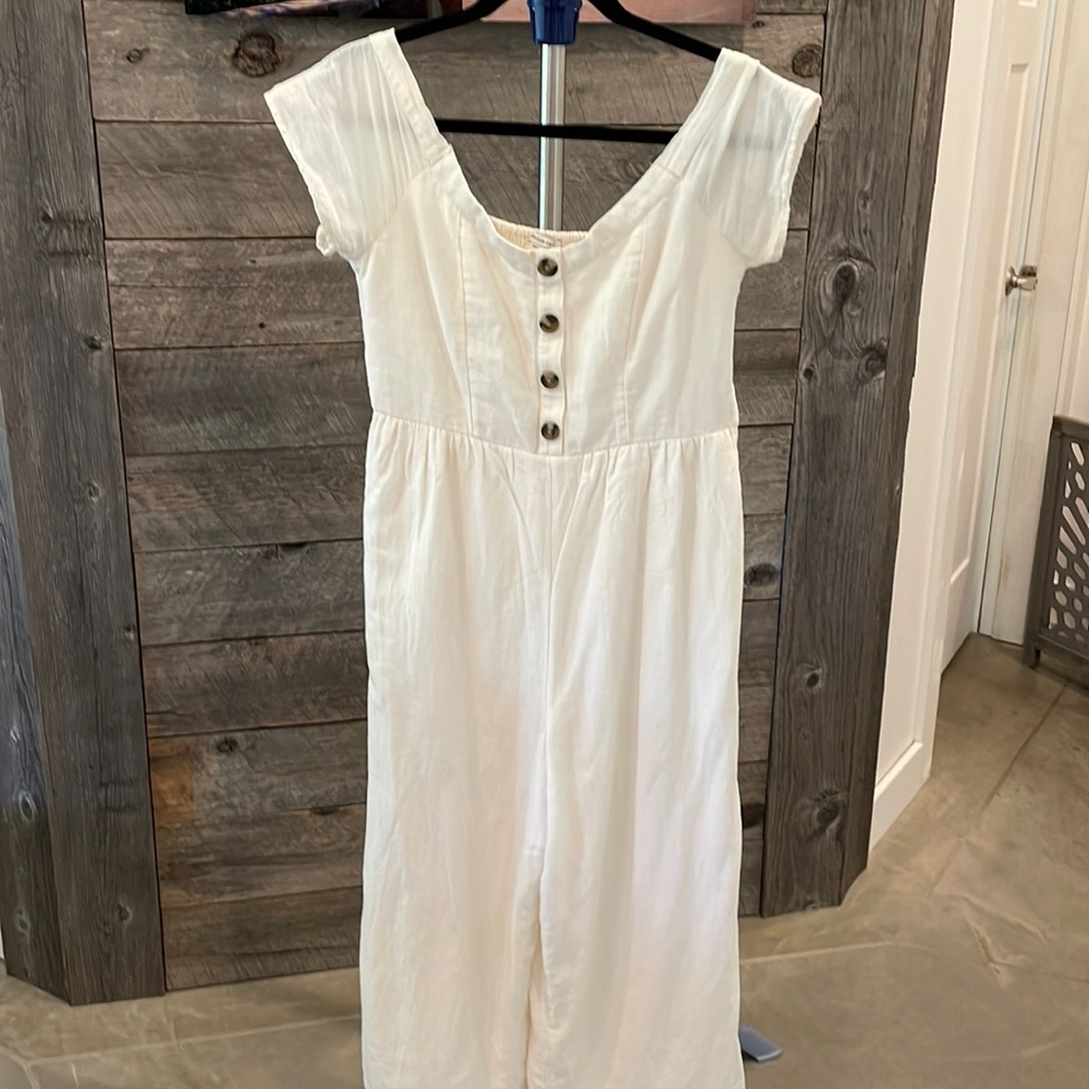 Linen Blend White Button-Front Cropped Jumpsuit